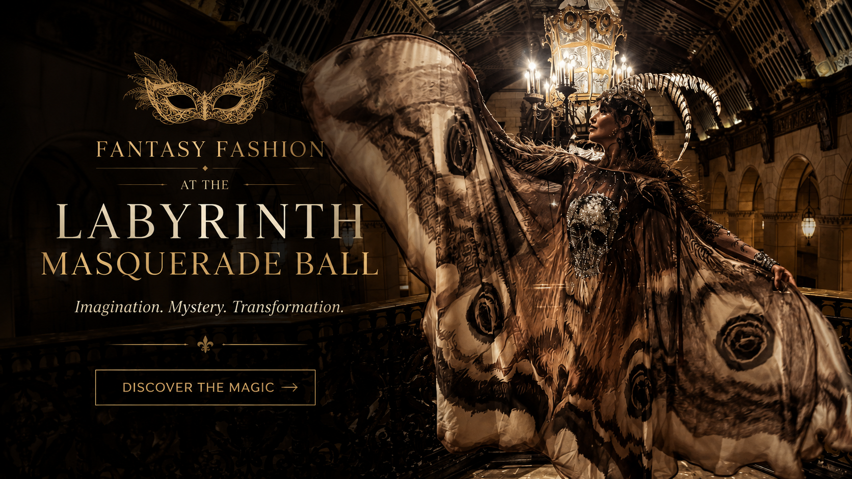 Featured image for Melodia Designs’ ‘Fantasy Fashion at the Labyrinth Masquerade Ball’ blog post featuring a model in an elaborate moth-inspired masquerade gown inside a grand gothic ballroom, with dramatic wings, ornate headpiece, and cinematic golden lighting.