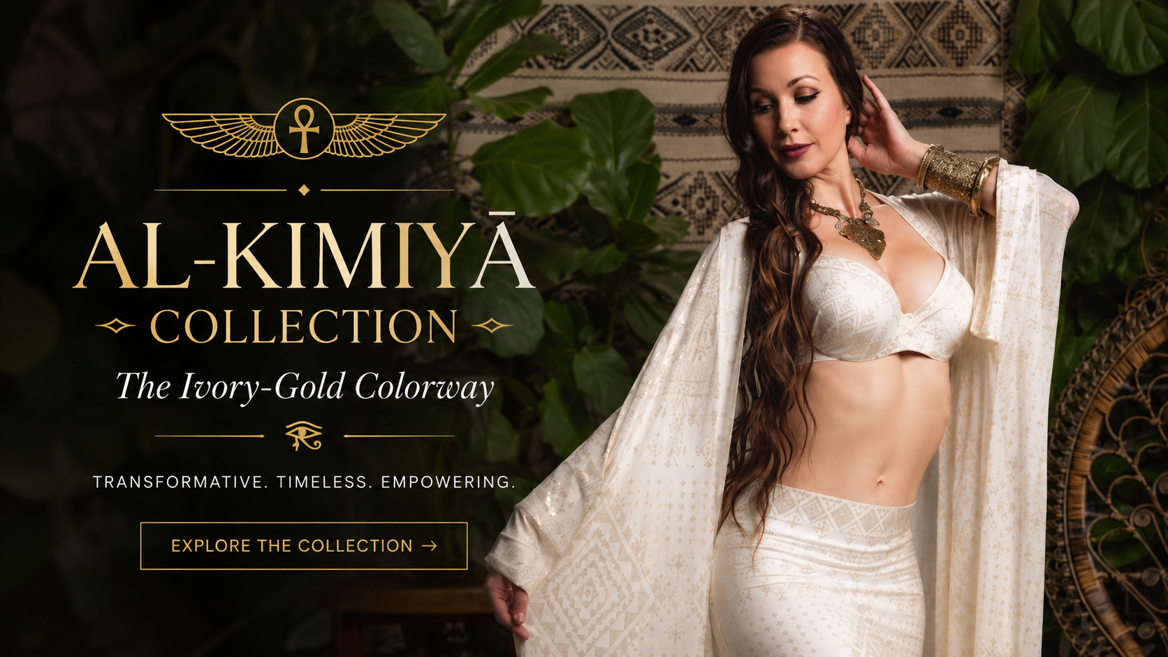 Featured image for the Al-Kīmiyā Collection by Melodia Designs featuring the Ivory-Gold colorway, showcasing a model in flowing Egyptian-inspired ivory fashion with metallic gold detailing, styled in a lush botanical setting with bohemian decor and regal jewelry.