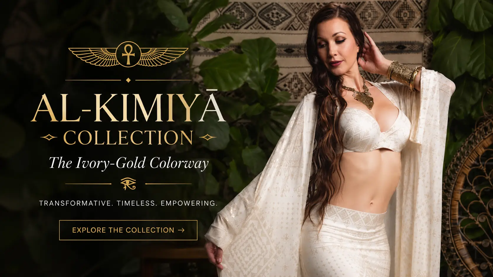 Featured image for the Al-Kīmiyā Collection by Melodia Designs featuring the Ivory-Gold colorway, showcasing a model in flowing Egyptian-inspired ivory fashion with metallic gold detailing, styled in a lush botanical setting with bohemian decor and regal jewelry.