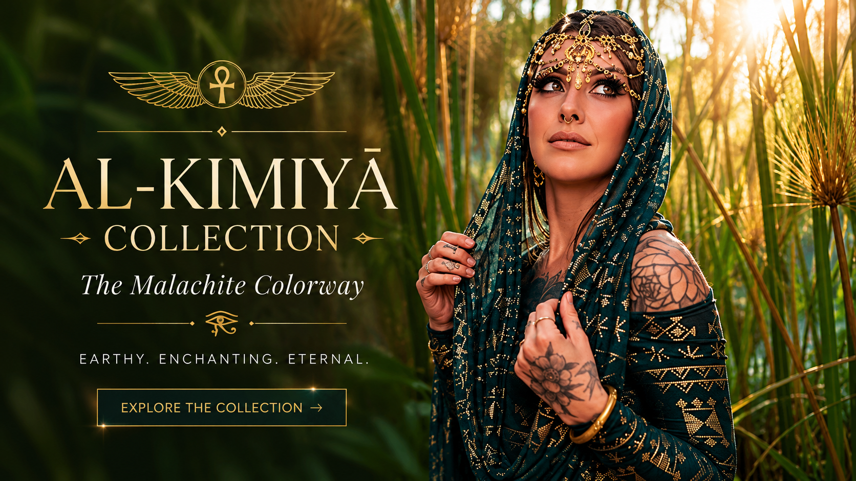 Featured image for the Al-Kīmiyā Collection: The Malachite Colorway by Melodia Designs featuring a model in emerald green Egyptian-inspired fashion with gold detailing, standing among lush reeds and wearing ornate metallic jewelry and a jeweled headpiece.