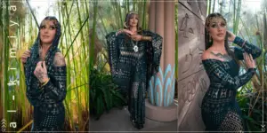 Model wearing the Al-Kimiya Assuit Malachite ensemble with gold geometric patterns, shown in multiple poses including a fitted dress and flowing kaftan, styled in a lush natural setting.