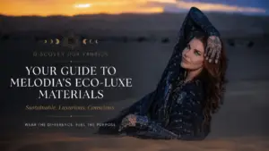 Featured image for Melodia Designs’ eco-luxe fabrics guide featuring a woman draped in black patterned fabric reclining in desert sand at sunset, with elegant editorial typography highlighting sustainable luxury materials.