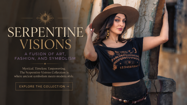 Featured banner for the Serpentine Visions Collection by Melodia Designs, featuring a woman in a black mystical graphic crop top and wide-brim hat posing in a rustic desert-inspired setting with cinematic boho styling.