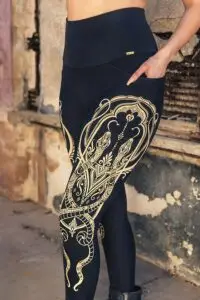 Black Serpent Elsa leggings with intricate gold sacred geometry pattern detail