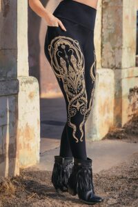Serpent Elsa Black leggings with gold sacred geometry leg design by Melodia Designs