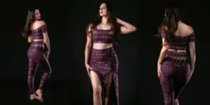 Model wearing the Al-Kimiya Aubergine two-piece set with a fitted crop top and high-waisted skirt featuring geometric patterns, shown from multiple angles.