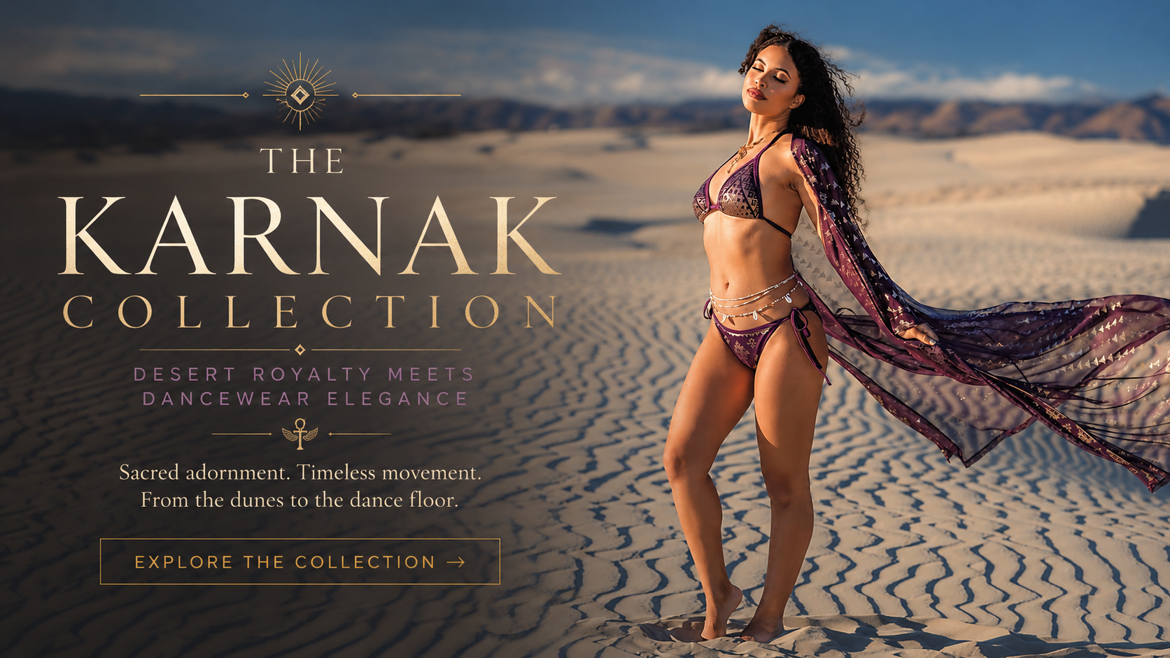 Featured banner for the Karnak Collection by Melodia Designs, featuring a woman in flowing purple desert-inspired dancewear standing barefoot on white sand dunes beneath a dramatic blue sky.