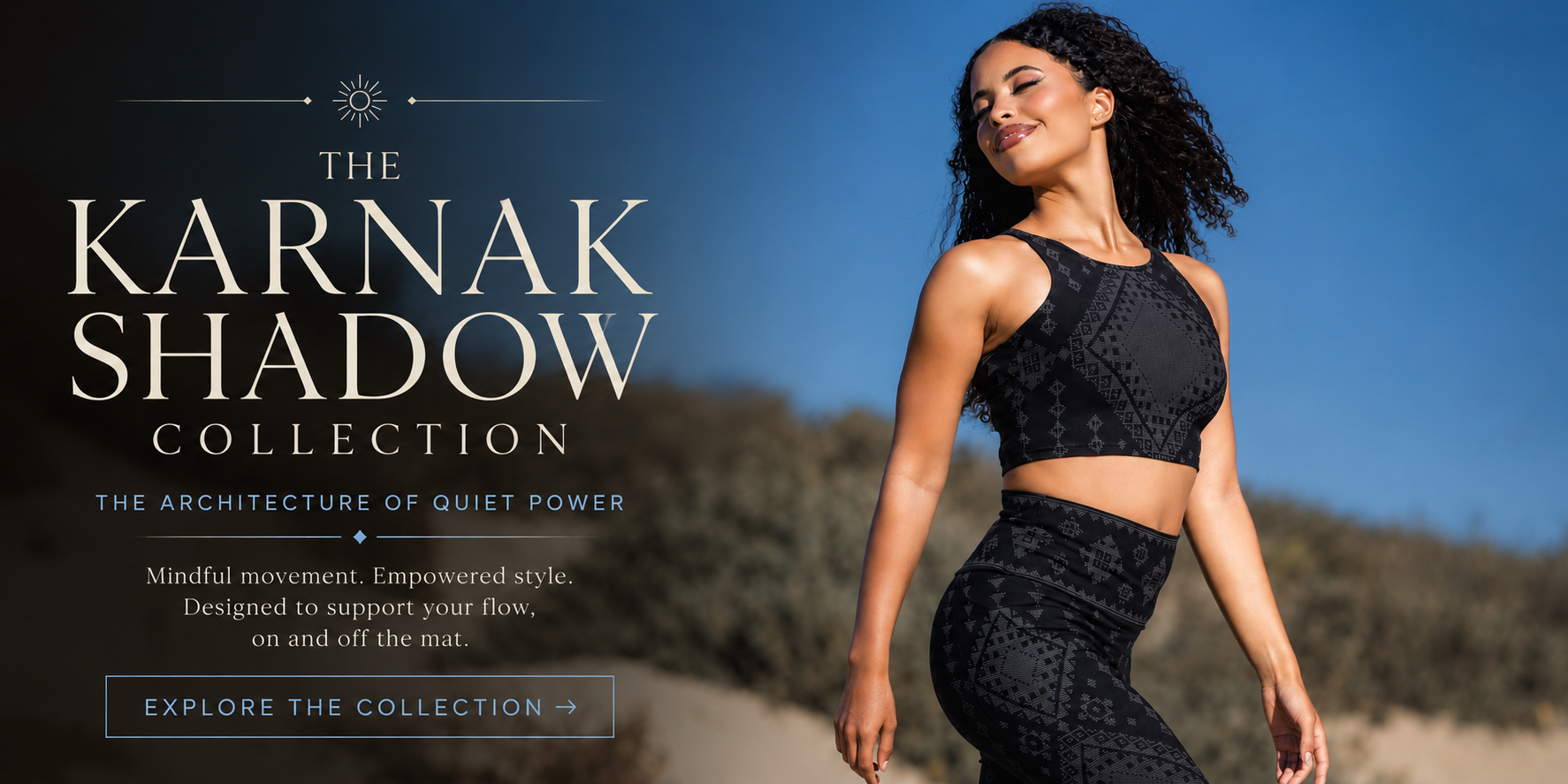 Karnak Shadow Collection featured image showcasing a model in black geometric activewear walking through sunlit desert dunes beneath a clear blue sky, styled in Melodia Designs’ signature slow-fashion aesthetic.
