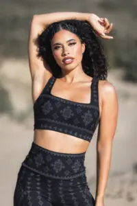 karnak serena bra Black sacred geometry sports bra front view activewear outfit