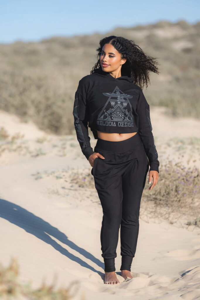 eco-luxury bamboo fleece athleisure outfit in desert landscape