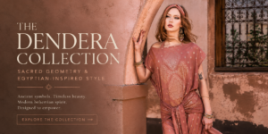 Dendera Collection featured image showcasing sacred geometry and Egyptian-inspired boho fashion in warm desert rose tones, featuring a model in a flowing embellished caftan against a Mediterranean-style backdrop.