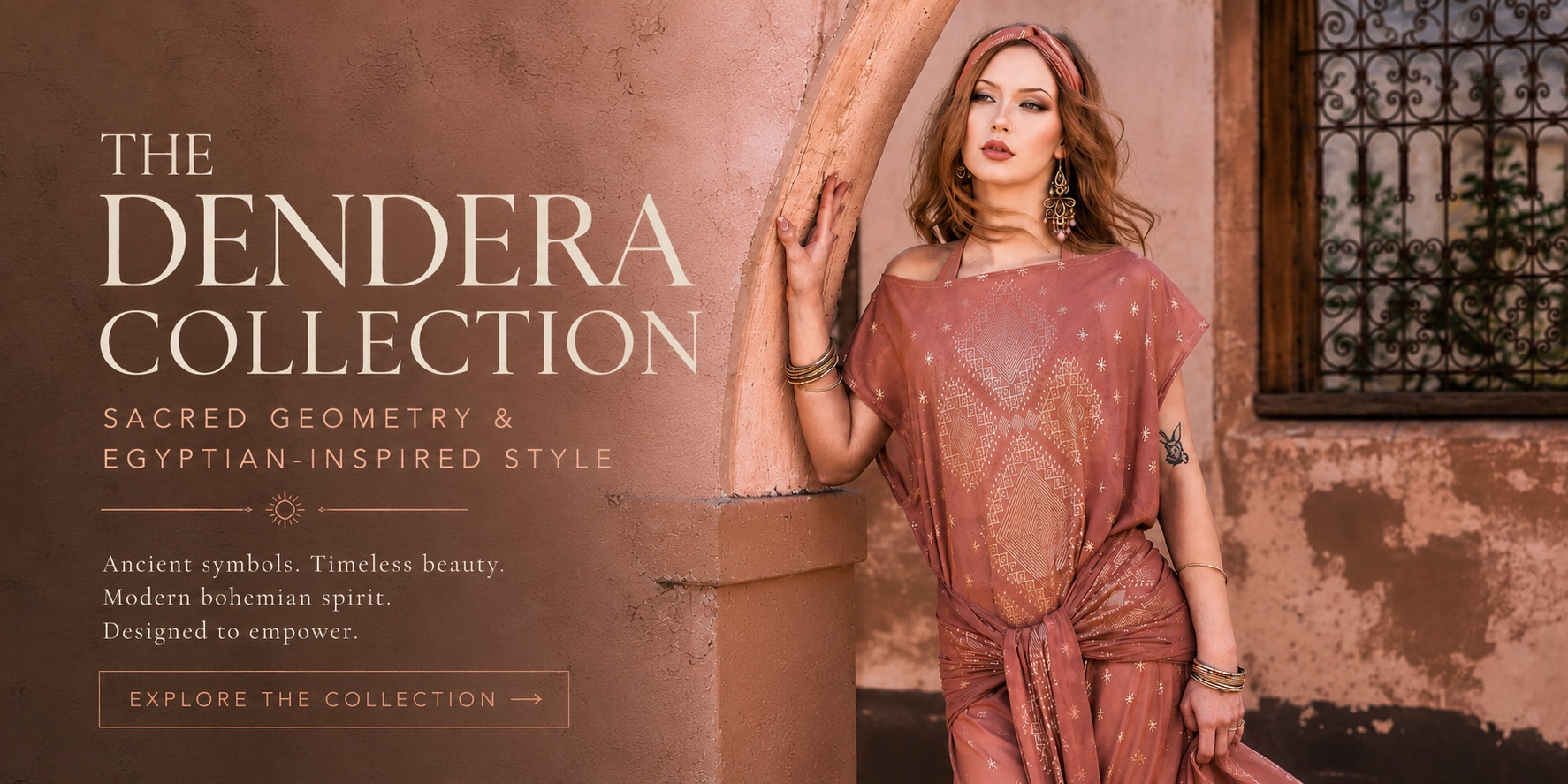 Dendera Collection featured image showcasing sacred geometry and Egyptian-inspired boho fashion in warm desert rose tones, featuring a model in a flowing embellished caftan against a Mediterranean-style backdrop.