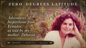 Portrait of Deborah Medley in Ecuador surrounded by tropical greenery, capturing the heart of Zero Degrees Latitude through memory, heritage, storytelling, and adventure.