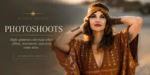 Melodia posing in a flowing bohemian-inspired design at golden hour, capturing the artistry, movement, and storytelling behind Melodia Designs editorial photoshoots.