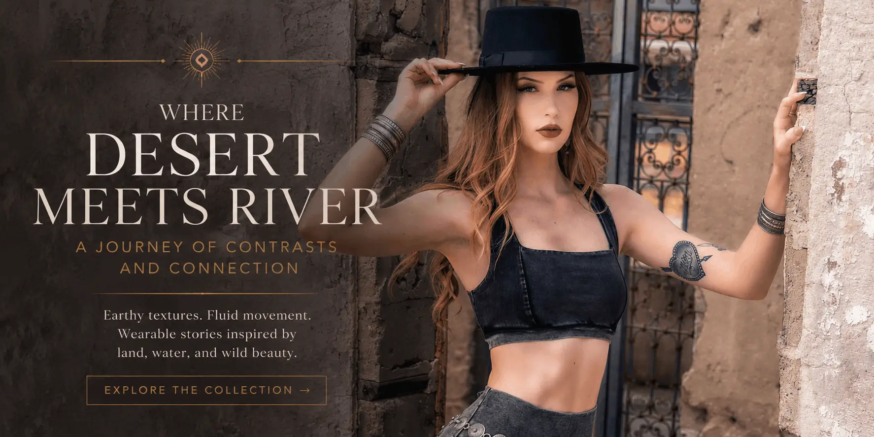 Featured image for the "Where Desert Meets River" collection story showcasing a model in the River Rock Collection standing within a weathered desert doorway, celebrating earthy textures, fluid movement, and modern bohemian style inspired by the meeting of land and water.