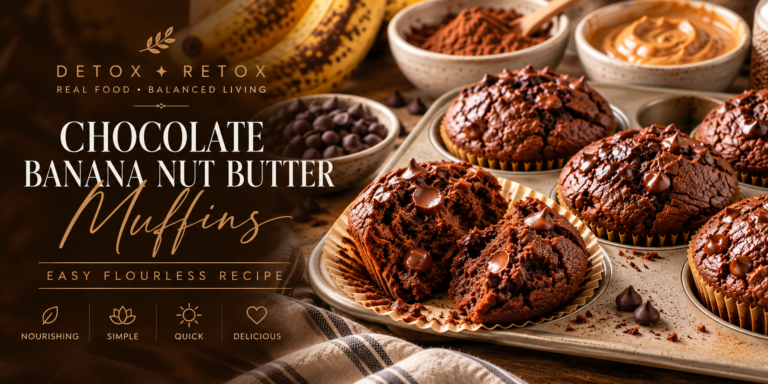 Chocolate Banana Nut Butter Muffins with melted chocolate, ripe bananas, cacao, and nut butter in a warm Detox Retox recipe setting.