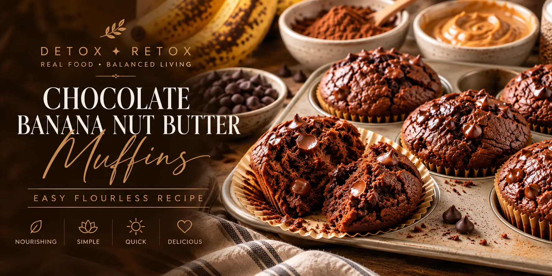 Chocolate Banana Nut Butter Muffins with melted chocolate, ripe bananas, cacao, and nut butter in a warm Detox Retox recipe setting.