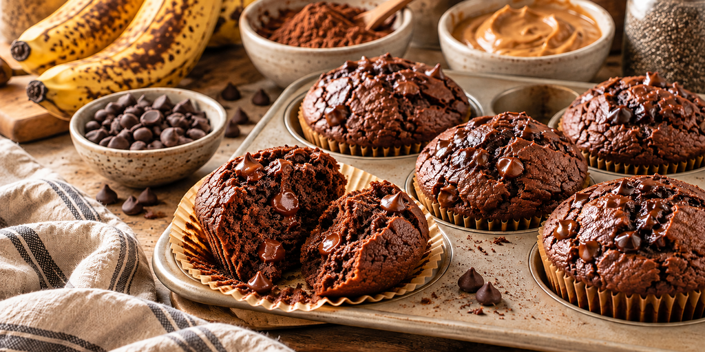 Chocolate Banana Nut Butter Muffins with ripe bananas, cacao, nut butter, chia seeds, and chocolate chips.