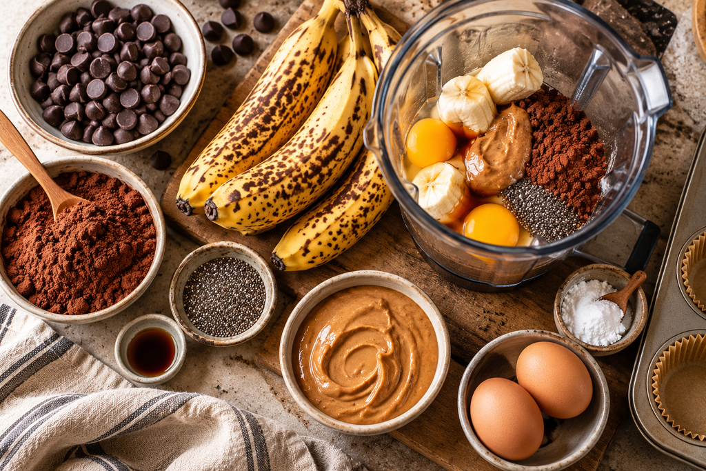 Ingredients for Chocolate Banana Nut Butter Muffins including bananas, eggs, cacao, nut butter, chia seeds, vanilla, and chocolate chips.