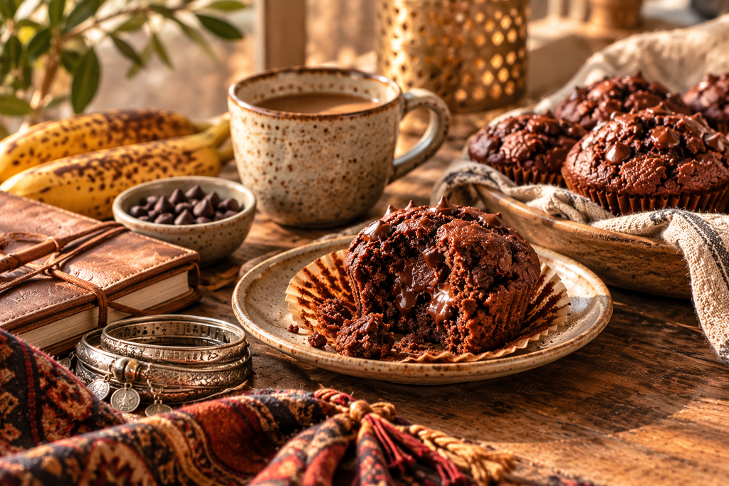 Chocolate Banana Nut Butter Muffins served with coffee in a warm, cozy setting with bananas and chocolate nearby.